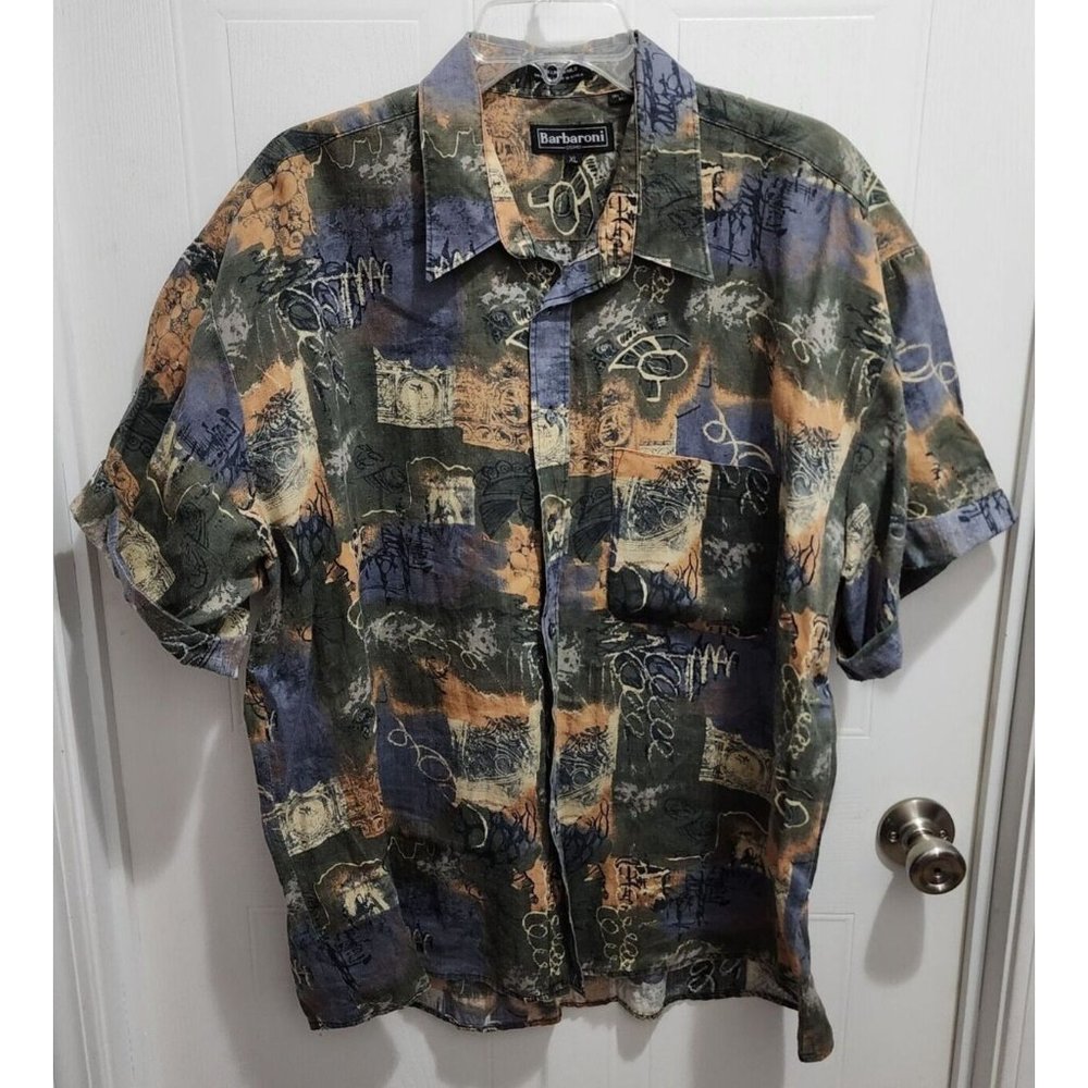 Vintage Barbaroni UOMO AOP Short Sleeve Button Up Shirt 100%‎ Linen Size XL